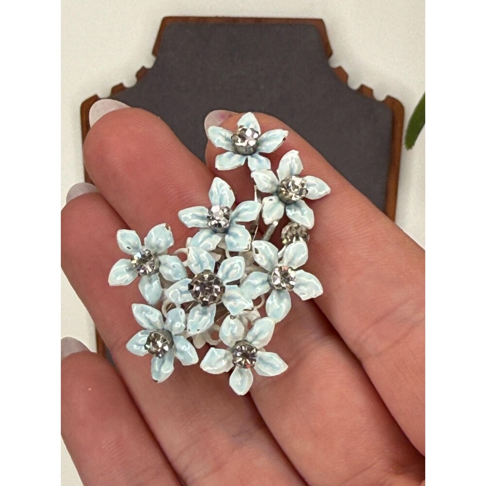Vintage Coro Blue Enamel Flower Rhinestone Earrings | 1950s Floral Clip Ons - Picture 5 of 10